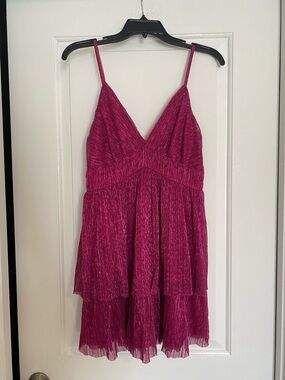 Trixxi Fuchsia Shimmery V-Neck Spaghetti Strap Mini Dress